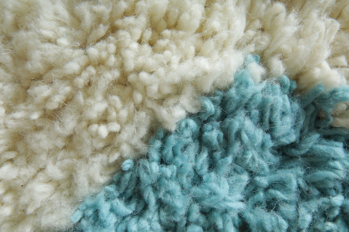 Custom Handwoven Moroccan Rug – Turquoise & Ivory Shaggy Wool Carpet
