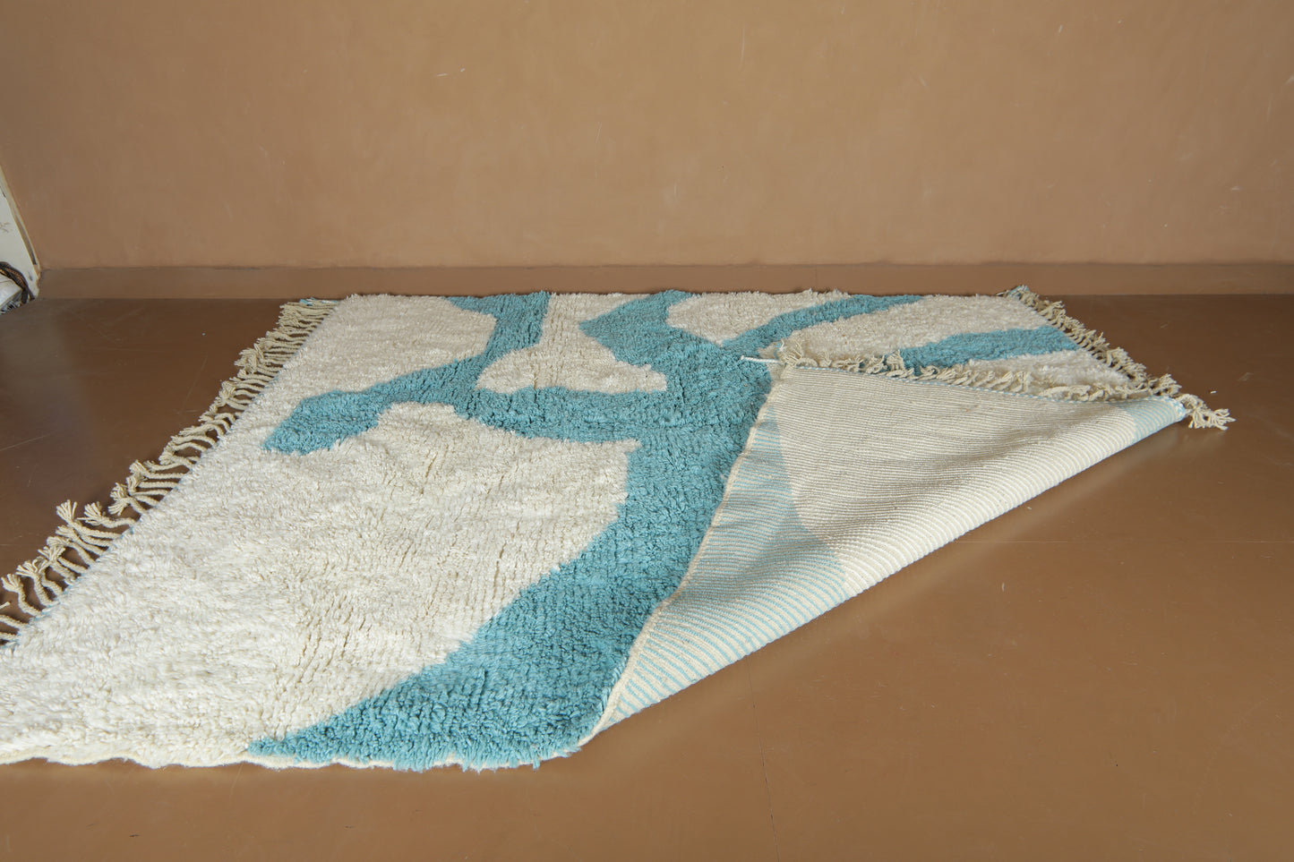 Custom Handwoven Moroccan Rug – Turquoise & Ivory Shaggy Wool Carpet